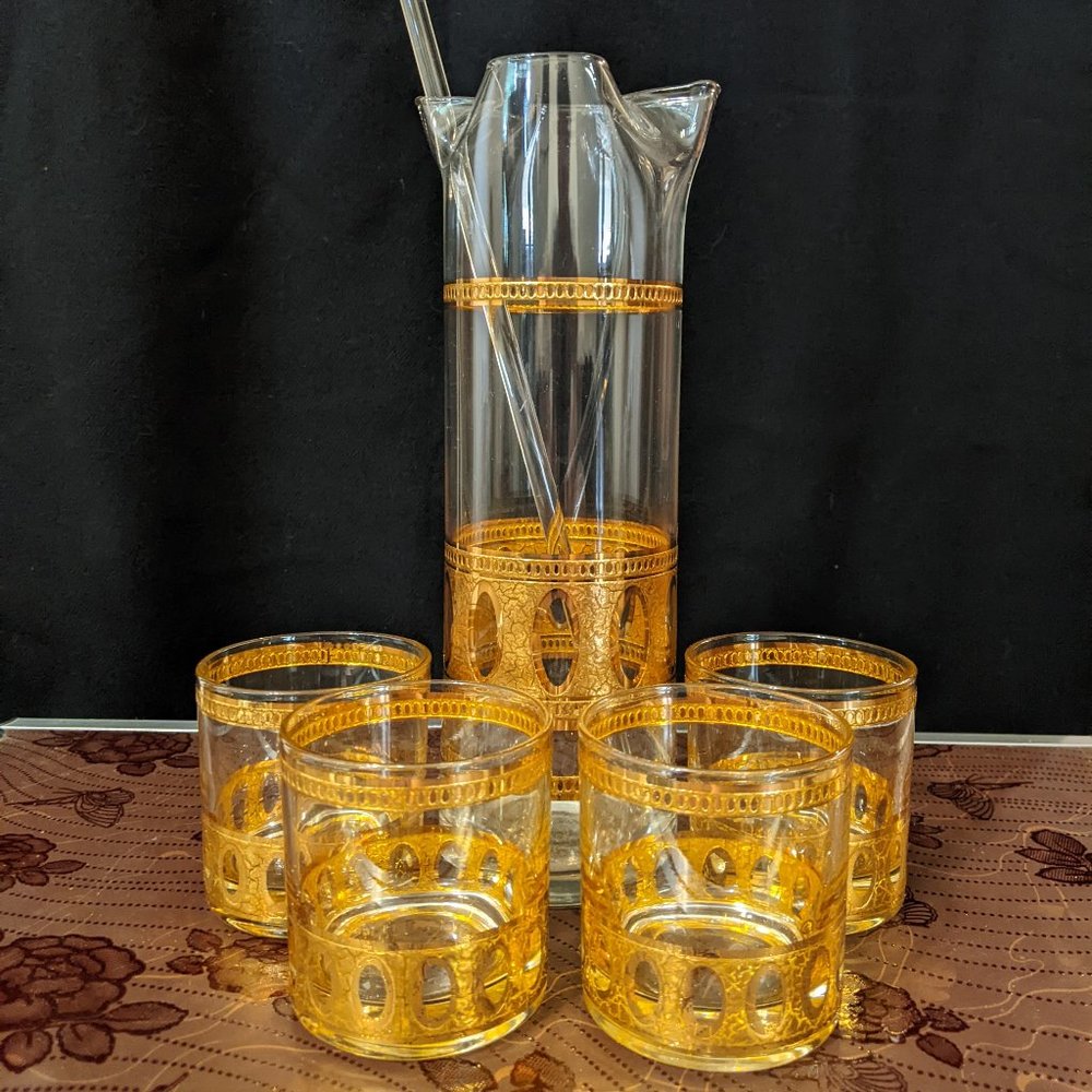 Culver Ltd Vintage 22 karat gold Martini Set - pitcher and four glasses